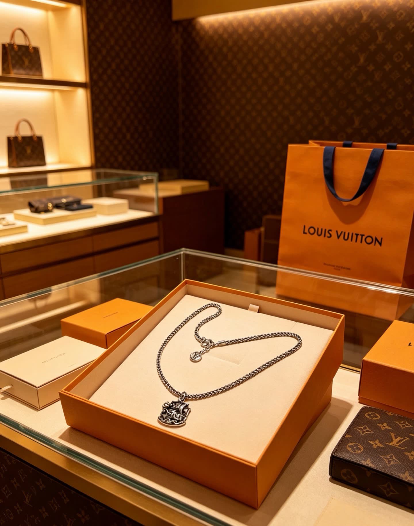 Louis Vuitton Silver Chain Necklace with Ship Pendant